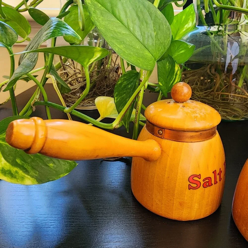 Vintage Salt Pot & Pepper Pot Handled Copper Accent MCM Wood Shakers